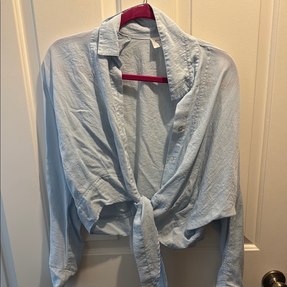 Light Blue Button-Up Tie Front Shirt